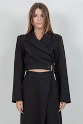 Cropped Structured Woven Blazer W Self Wrap Belt
